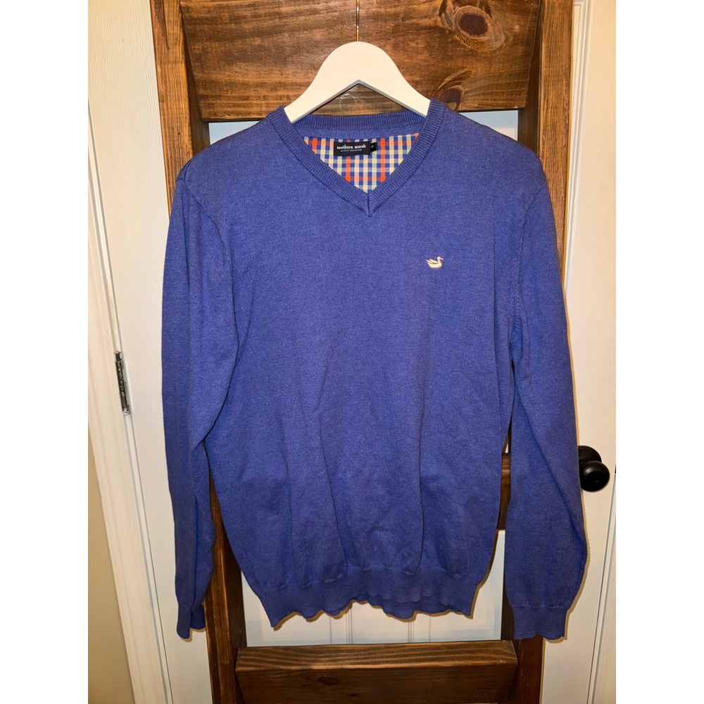 Southern Marsh Mens V Neck Sweater Pullover Blue Embroidered Duck Size M